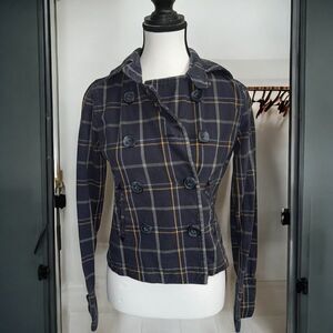 Aeropostale Blue and Yellow Pea Coat Modern Plaid Size Small /Petite
